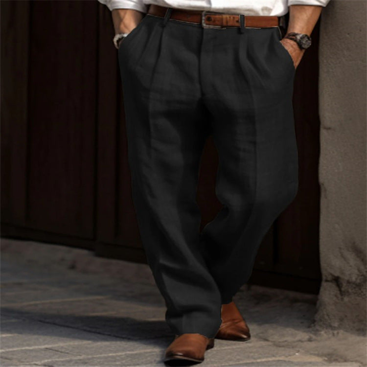 Pantaloni Uomo In Lino – Tinta Unita, Plissettati, Dritti, Comodi E Traspiranti Per Vacanze E Tempo Libero